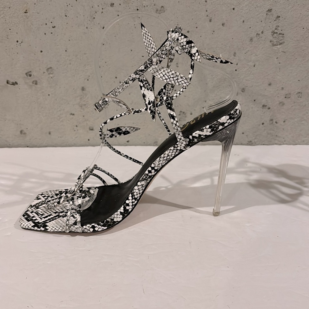 EGO Black and White Snakeskin Strappy Stiletto Heels - Size 7 - Picture 3 of 7